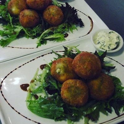 Pea, mint and feta fritters at Rouge Cafe, Cambridge